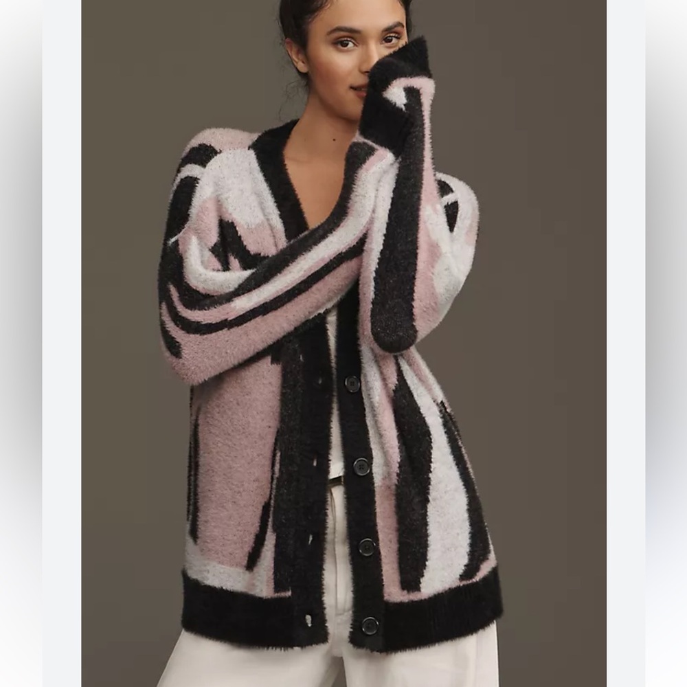 By Anthropologie Printed Eyelash Black & Pink Cardigan